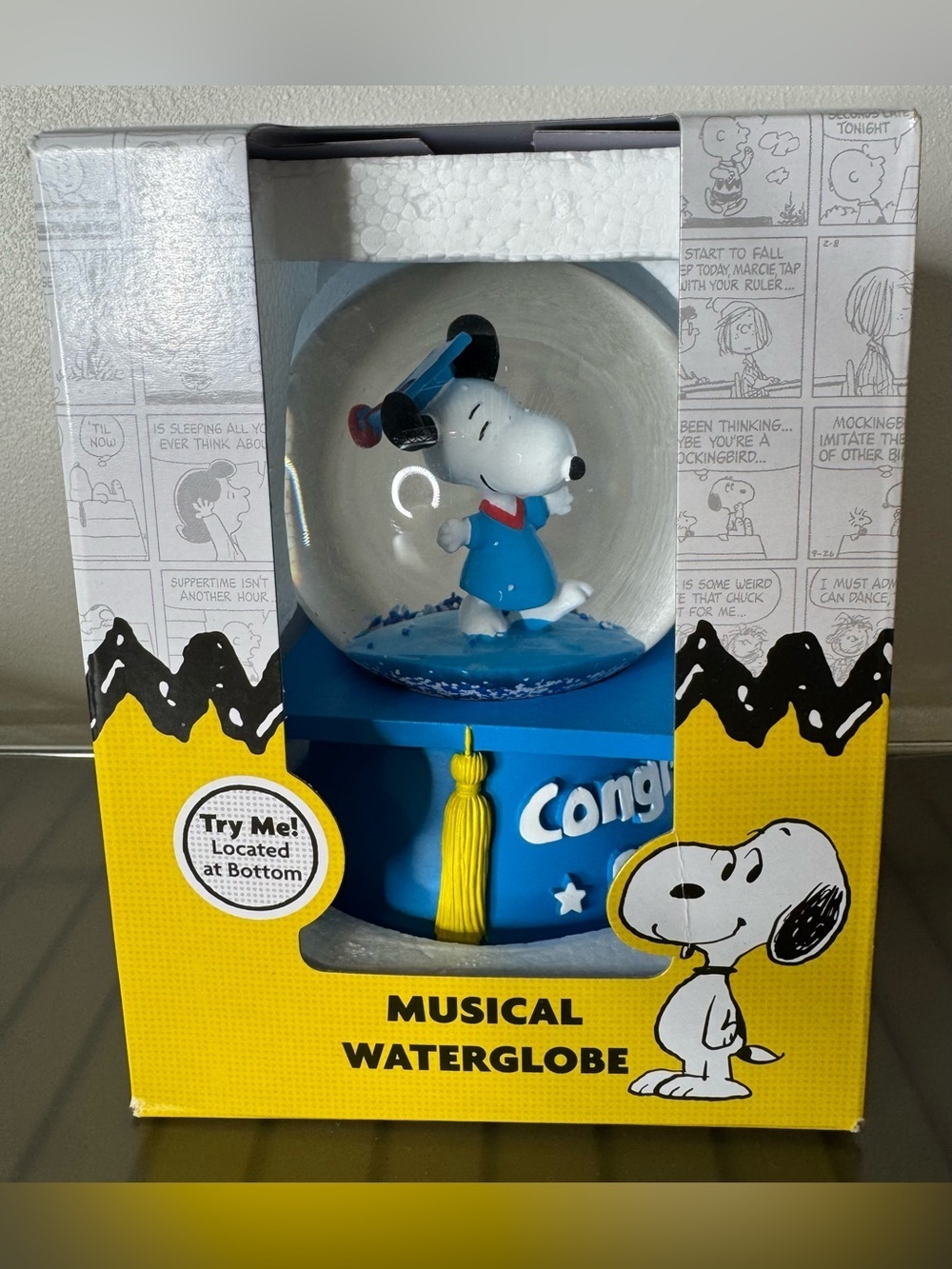 Peanuts Snoopy Graduation musical Snow Globe - Blue and Yellow congrats grad